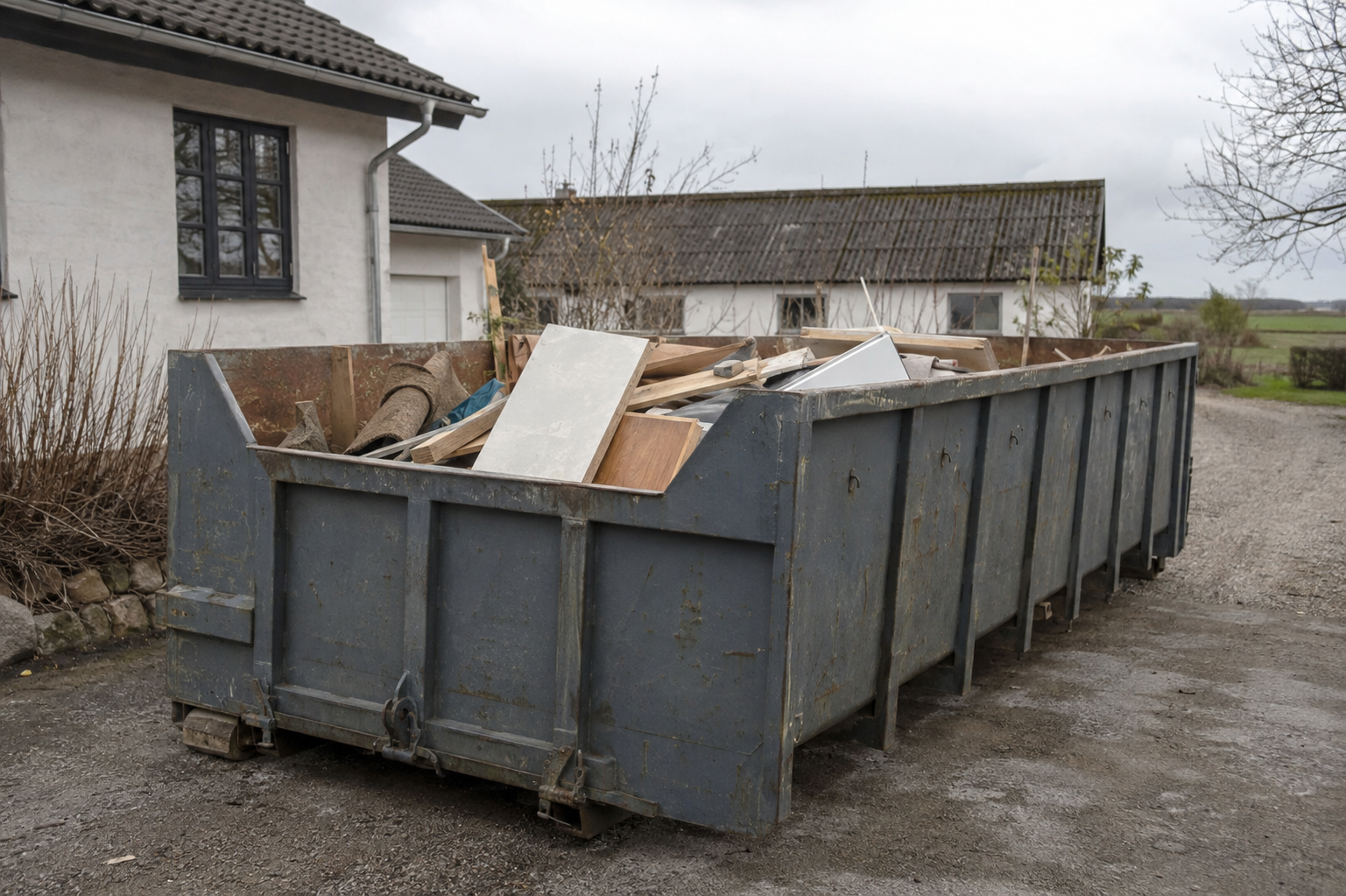 Åben container fyldt med indbo og træ