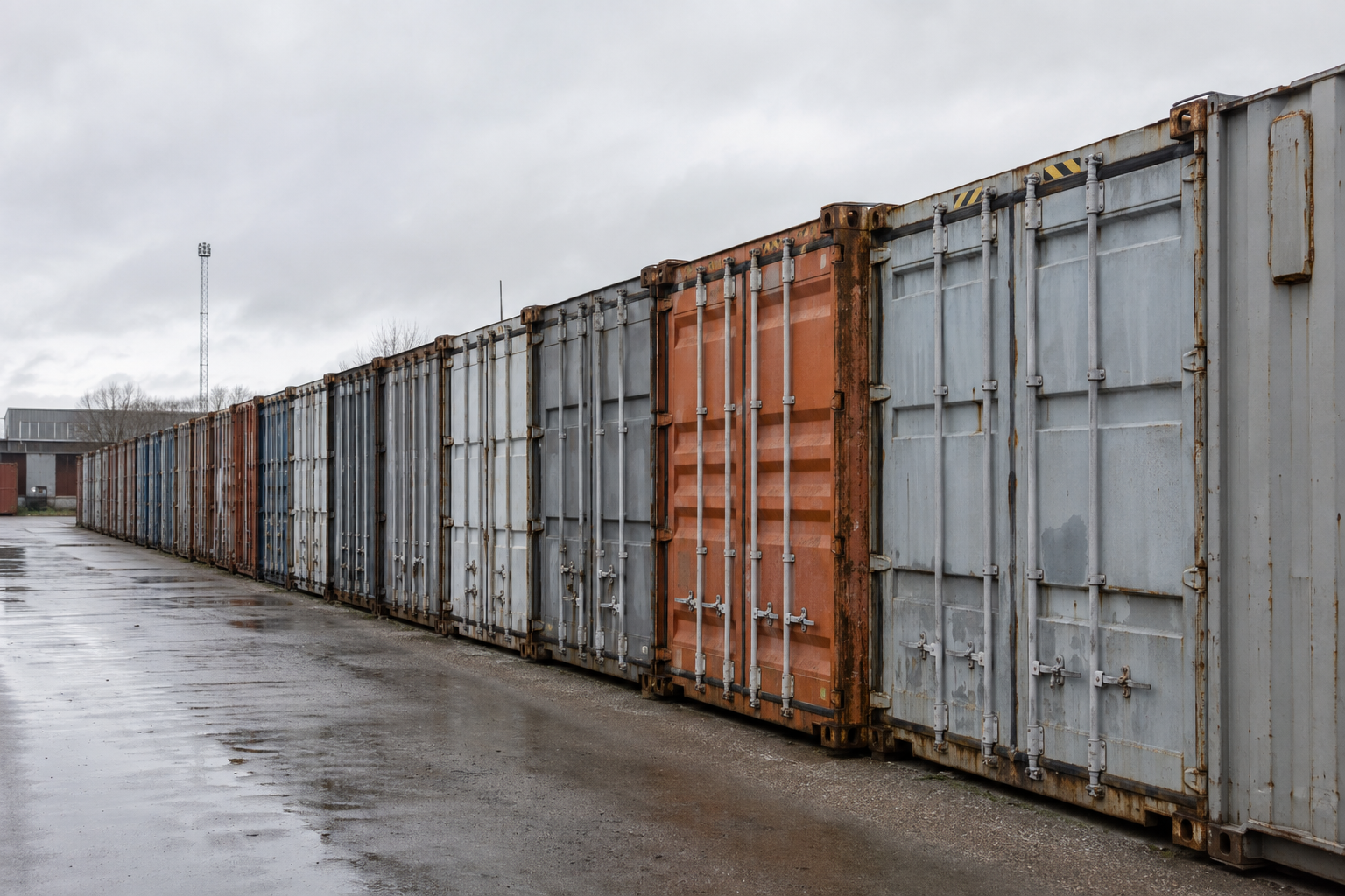 Brugte containere opstillet på plads i dansk gråvejr