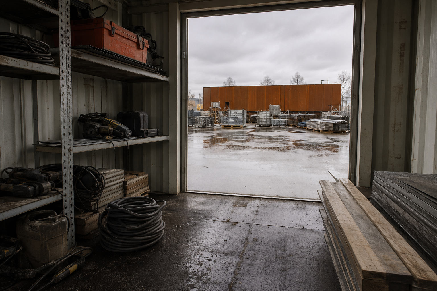 Byggepladscontainer med værktøj og materialer