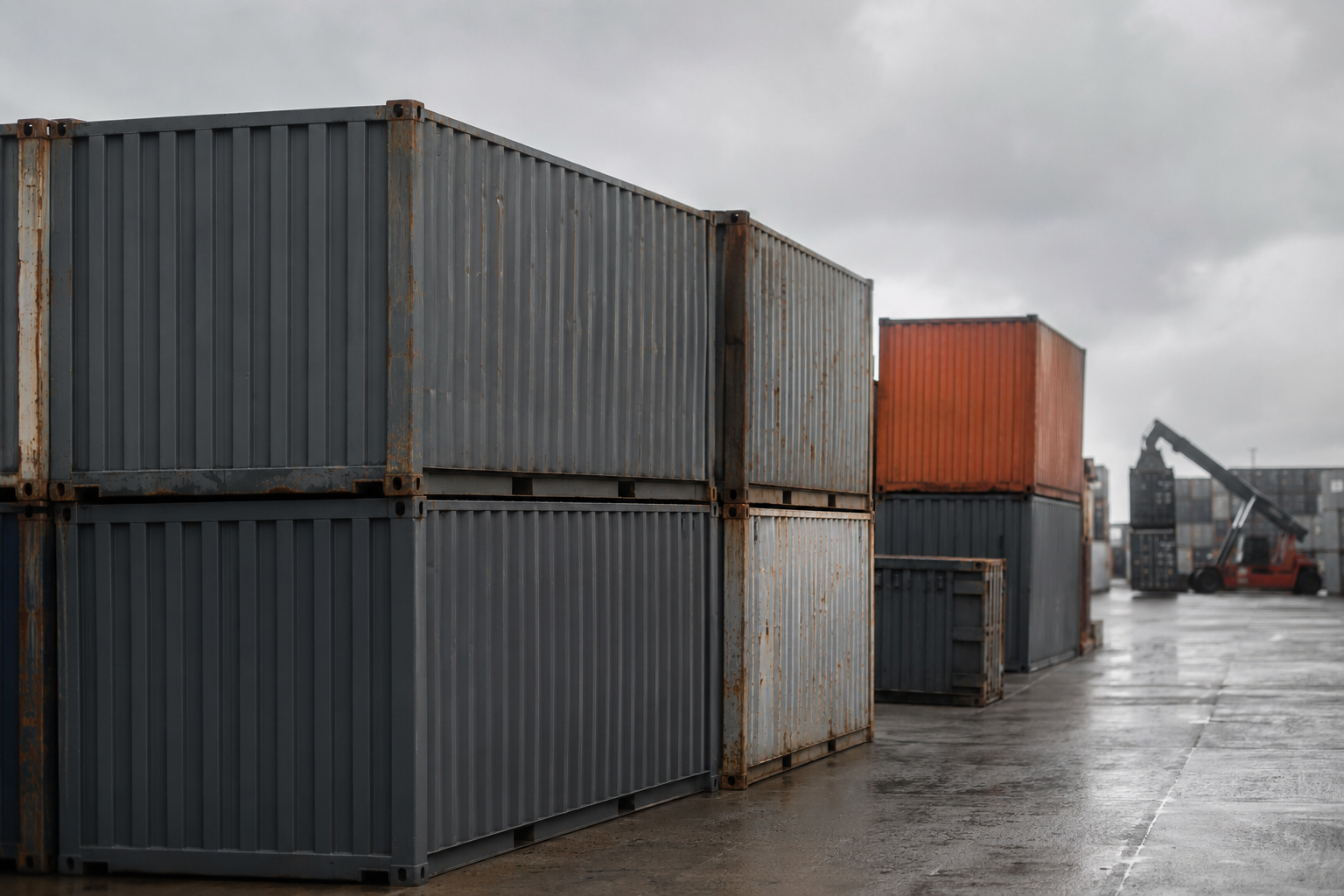 Containergård med små containere i nordisk gråvejr