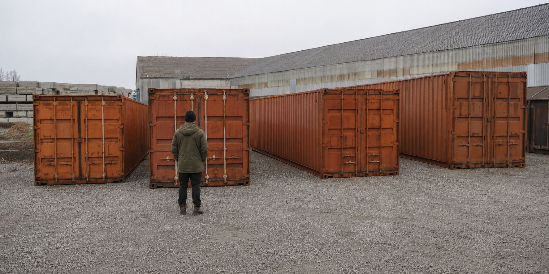Fire containerstørrelser side om side på containergårdens grusplads