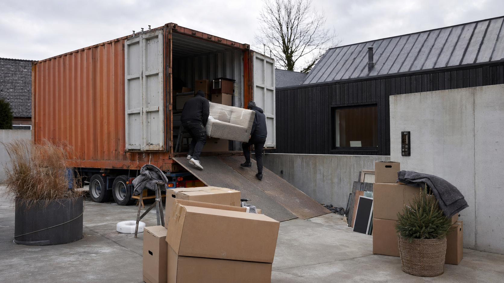 Flyttedag med åben flyttecontainer og flyttekasser