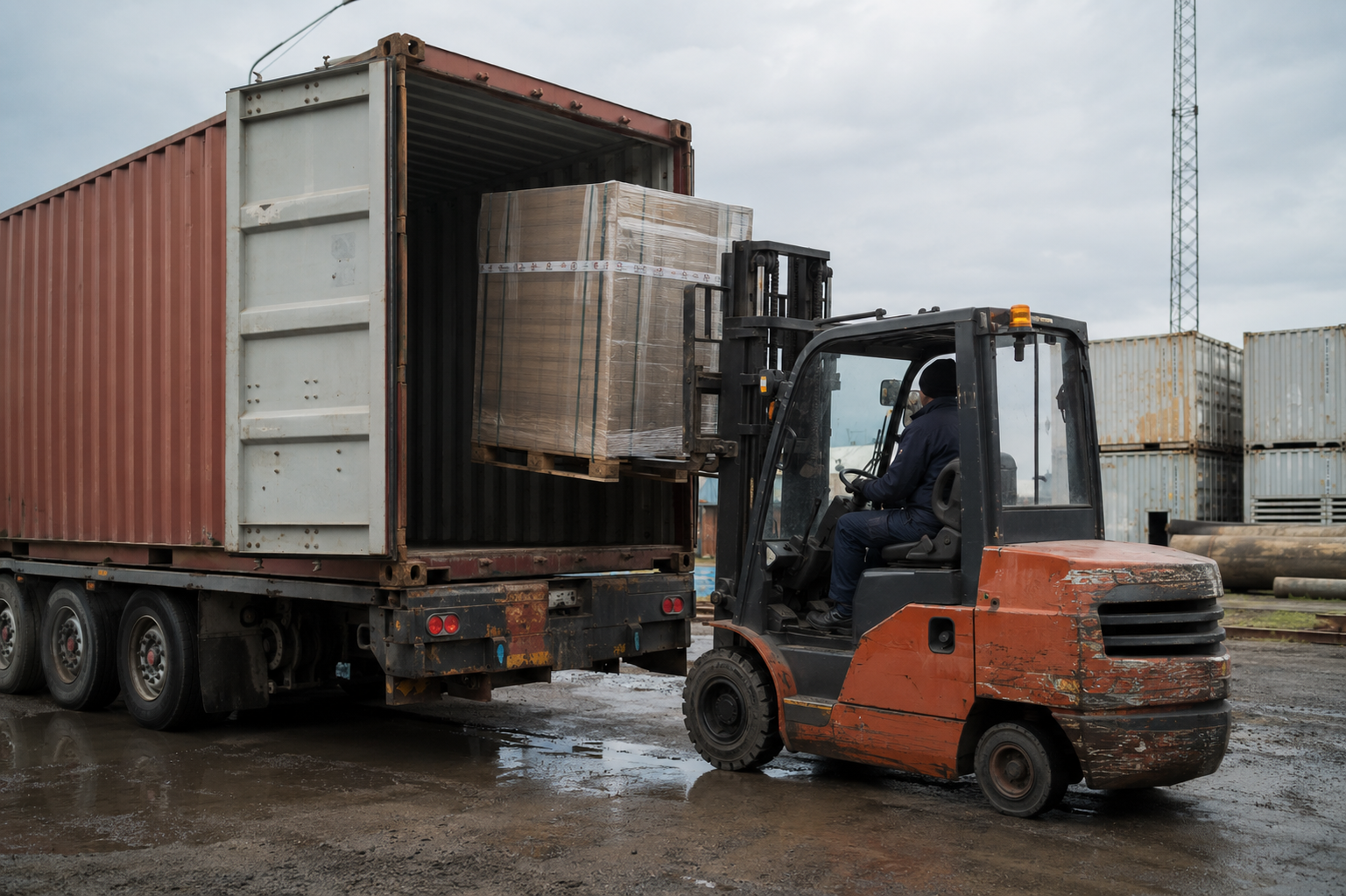Gaffeltruck løfter palle ind i opbevaringscontainer