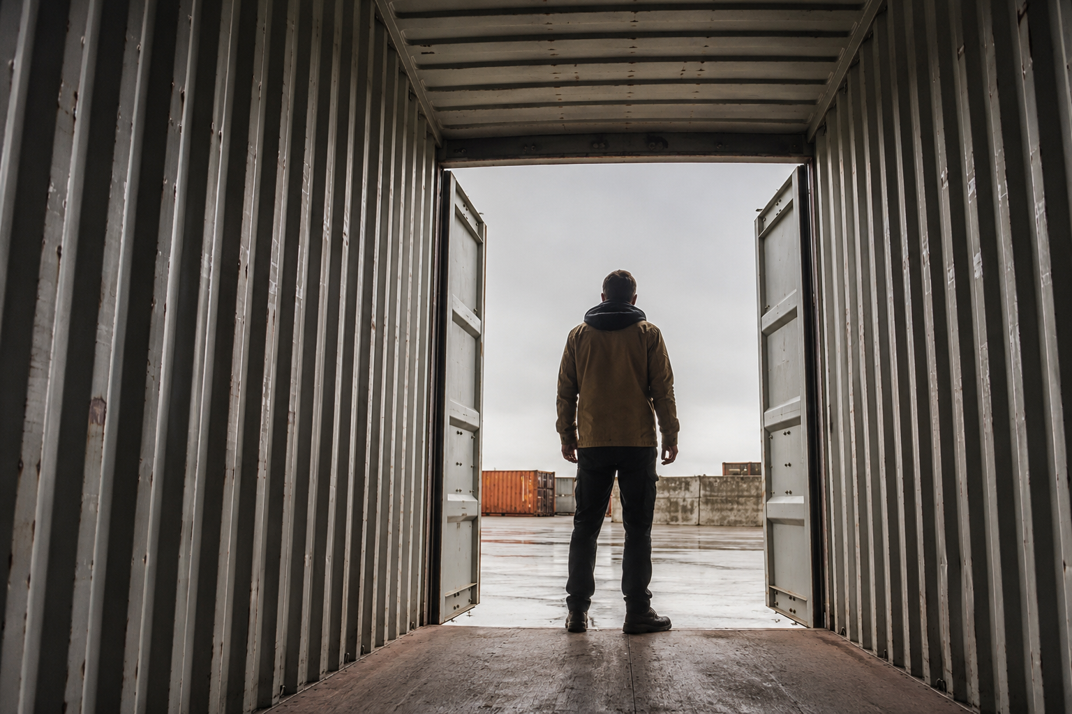 Åben container set indefra med frit kig op mod himlen