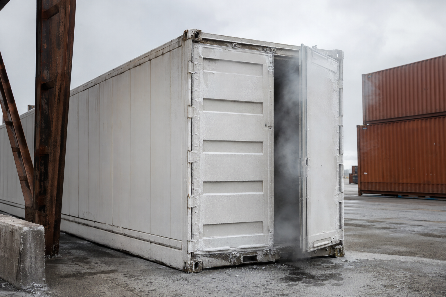 Hvid kølecontainer opstillet udendørs i nordisk vinterkulde