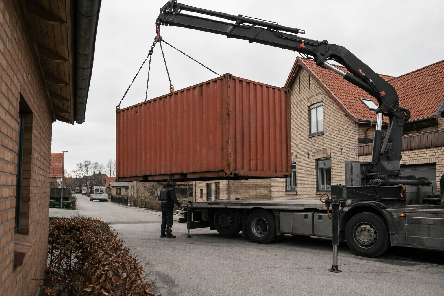 Kranbil leverer container til jord i villakvarter