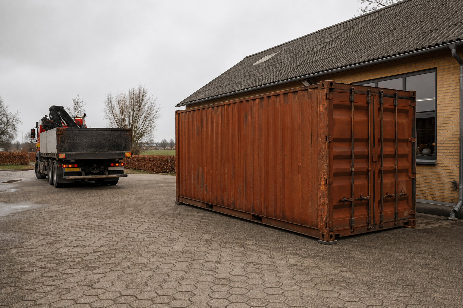 Lejet container opstillet ved værksted