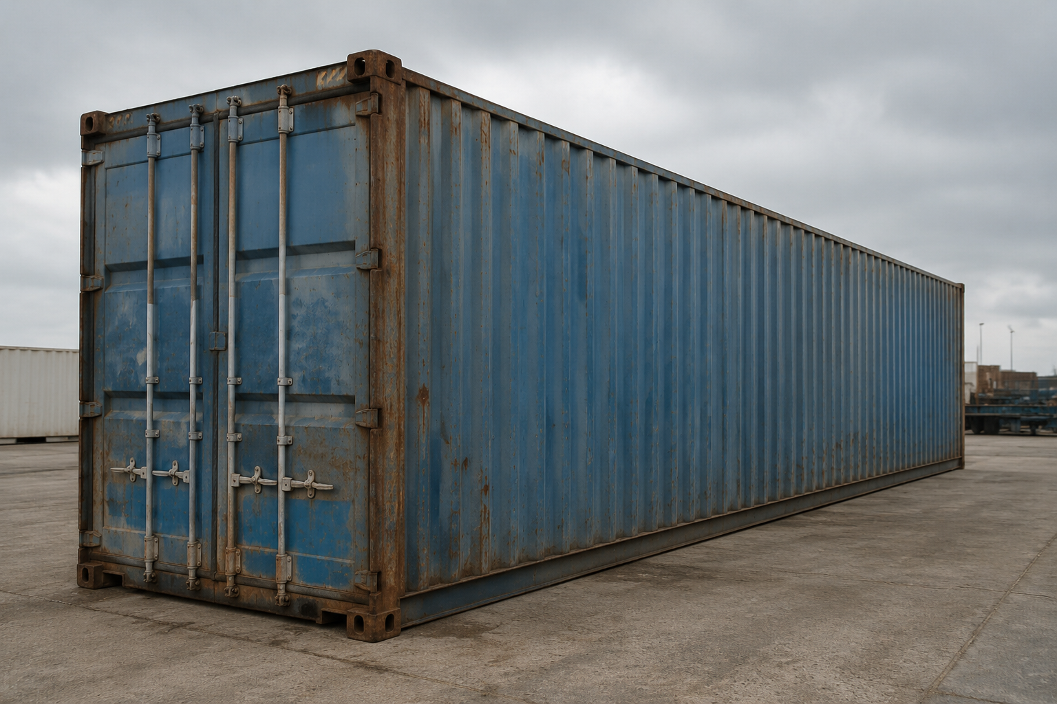 Blå 40 fods container set fra siden